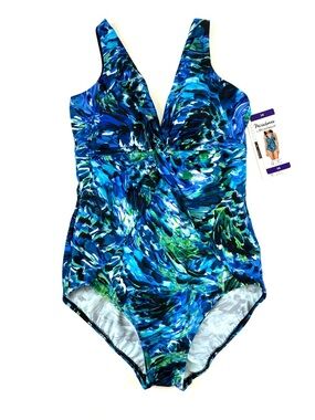 Miradonna Miraclesuit Blue Figure Flattering One Piece Swimsuit Size 14 Resort